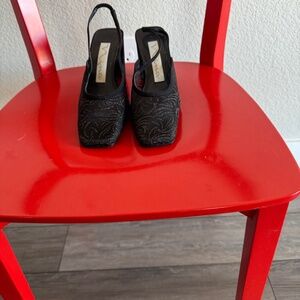 Nina square heeled, black lace/satin slingback dress shoes